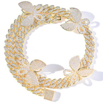 Joyas de collar de mariposa de oro de hip hop blingbling, cobre con circón helado collar de cadena de eslabones cubanos regalo de joyería hombres wome